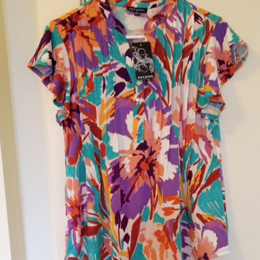 Brand New AVA & GRACE Teal Purple Orange Floral Short Sleeve Blouse
